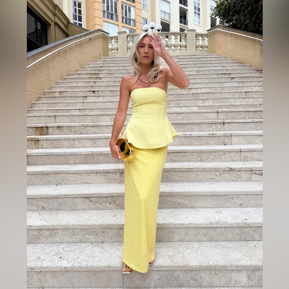 Strapless Peplum Maxi Dress in Pastel Yellow